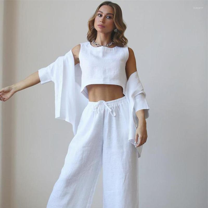 

Women' Two Piece Pants Spring Autumn Pure Cotton Top & Blouse Wide Leg Suit Outfits For Women Plain Solid Color Office Lady Three, Army green