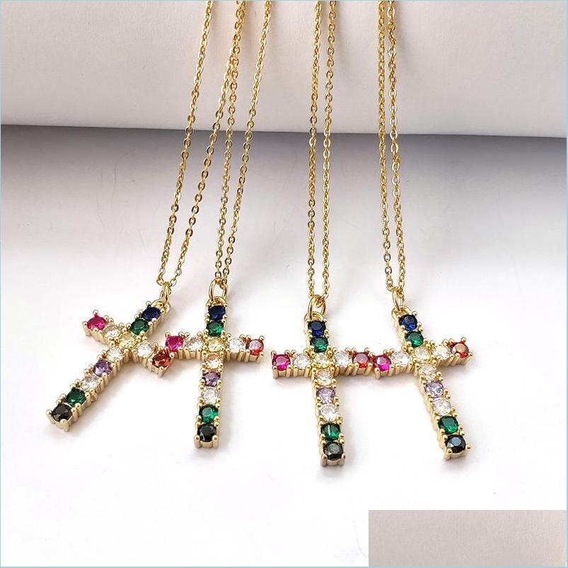 

Pendant Necklaces Fashion Rainbow Cubic Zirconia Micro Pave Cross Pendant Necklace Mticolor Cz Stone Charms Women Jewelry Nk440 Drop Dhdci