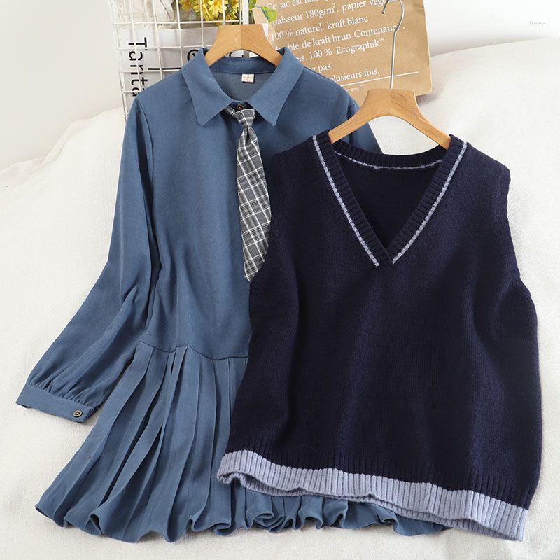 

Casual Dresses 2022 Spring Autumn Preppy Style JK Knit Vest Dress 2 Piece Set Korean High School Student Uniform With Tie Blue Clothing, Khaki