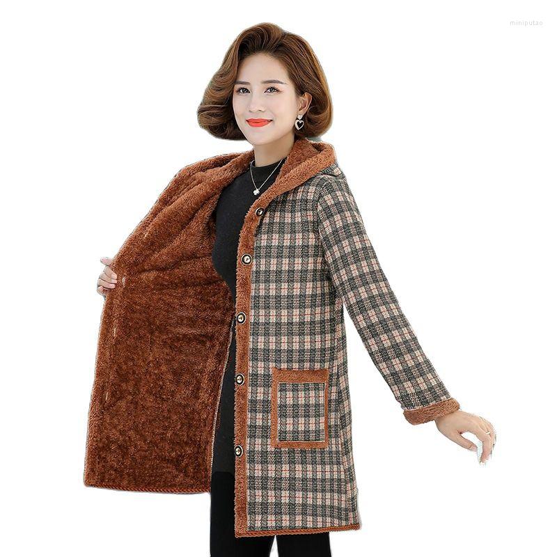 

Women's Trench Coats Mother Autumn Winter Coat Velvet Cotton-padded Jacket Long Section Middle-aged Elderly Women Hooded Casual Plaid A760, Red