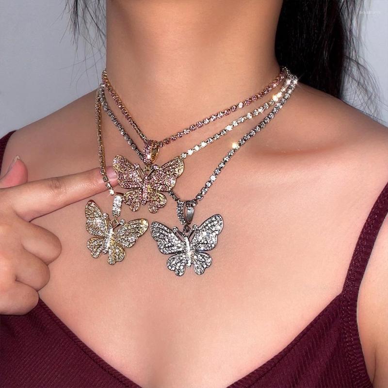 

Chains 2022 Fashion Crystal Big Butterfly Pendant Necklaces For Women Pink Rhinestone Tennis Chain Choker Personality Jewelry