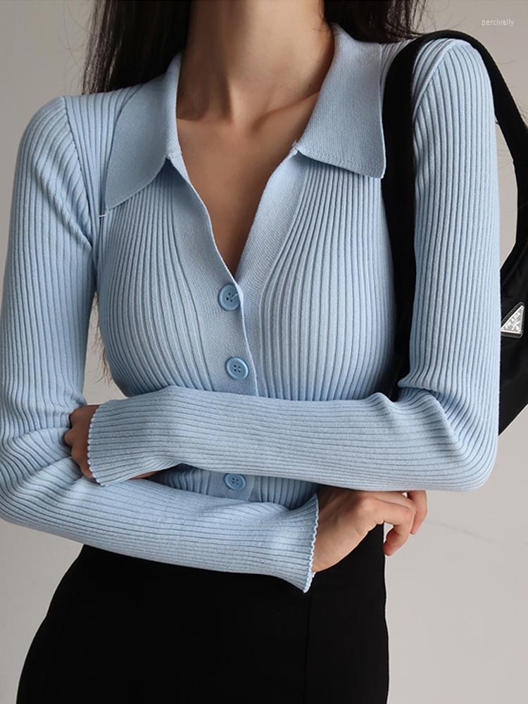 

Women's Knits Slim Knitted Cardigan Women Solid Sweater Ladies Turn Down Collar Long Sleeve Top Female Botton Sexy Outwere Jersey Mujer, Black