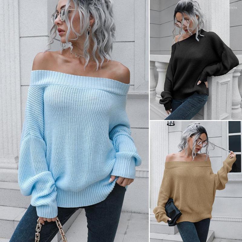 

Women' Sweaters One Character Neck Off-the-shoulder Sweater Women Loose Autumn Winter Long Sleeve Solid Color Knit, Black