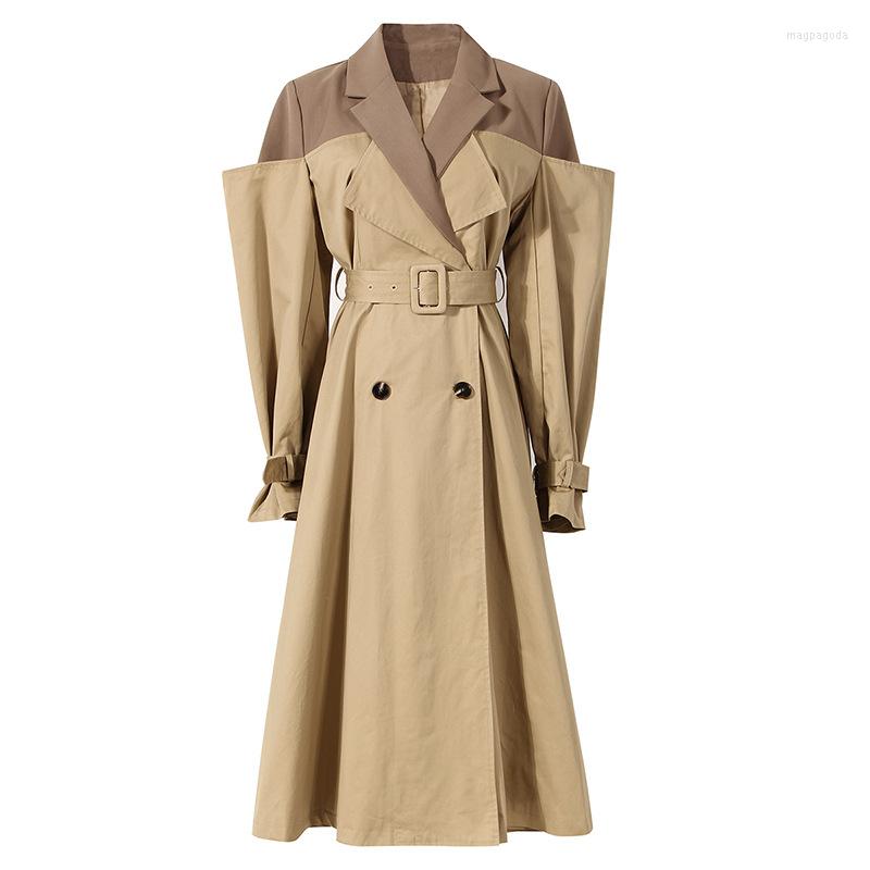 

Women' Trench Coats Women Coat Color Matching Fake Two Khaki Windbreaker Asymmetry Bandage Long For 2022 Fashion