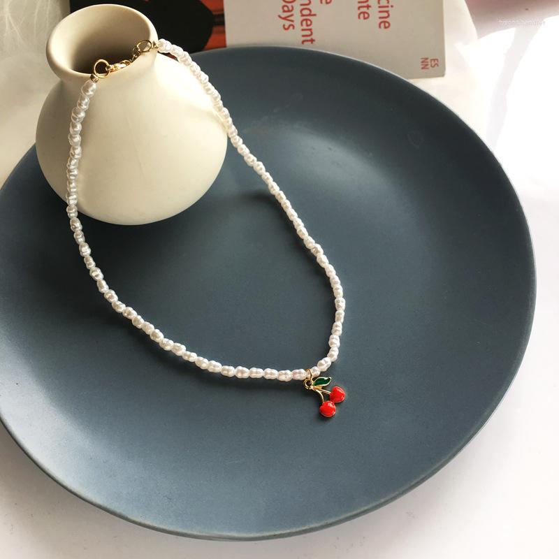 

Choker Korean Elegant Simulated Pearl Necklaces For Women Girls Wedding Enamel Red Cherry Necklace Summer Bijoux Colares