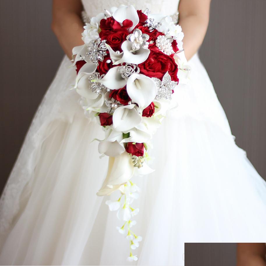 

Wedding Flowers Waterfall Wedding Flowers Bridal Bouquets De Mariage Red Rose White Calla Lilies With Artificial Pearls And Rhinesto Dh52D