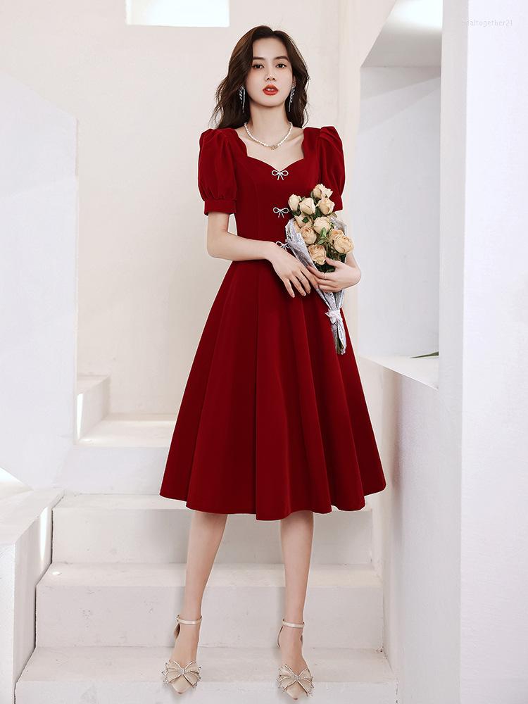 

Party Dresses Wine Red Women's Prom Dress Simple French Style Short Sleeve A-Line Girls Sweet Bow Princess Gowns