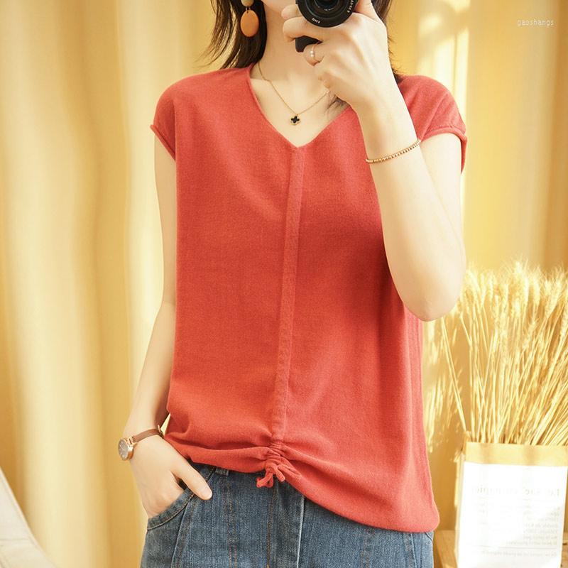 

Women' Sweaters Cotton And Linen V-neck Knitted Short-sleeved Women' Loose Jacket Drawstring Korean Half-sleeved Bottoming Shirt, Green