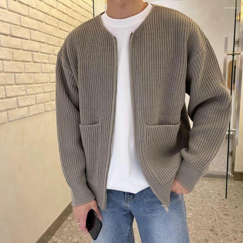 

Men's Sweaters Men Coat Long Sleeves Solid Color Sweater Thick Zipper Closure Pockets Autumn Loose Zip Up, Khaki