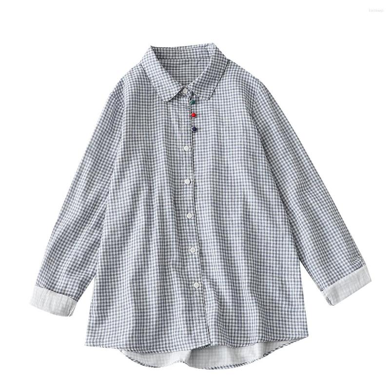 

Women's Blouses FairyNatural Women Unique Mint Green Plaid Covered Buttons Blouse Design Soft Cotton Yarn Long Sleeve Autumn Shirt Tops