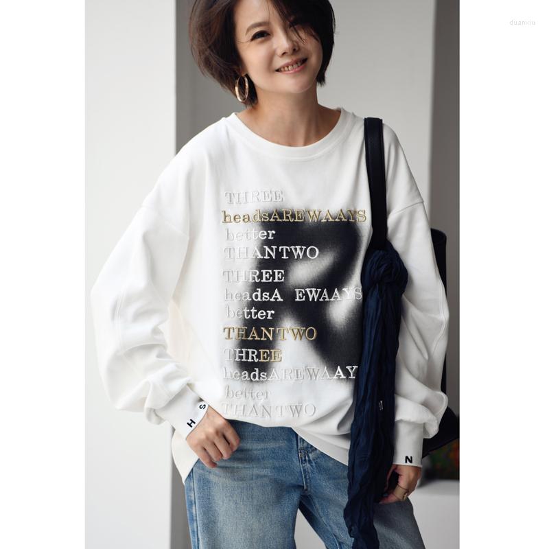 

Women's T Shirts MICOCO T9213C Korean Version Of The Foreign Style Personality Delicate Letter Embroidery Printing Loose Round Neck Long, White