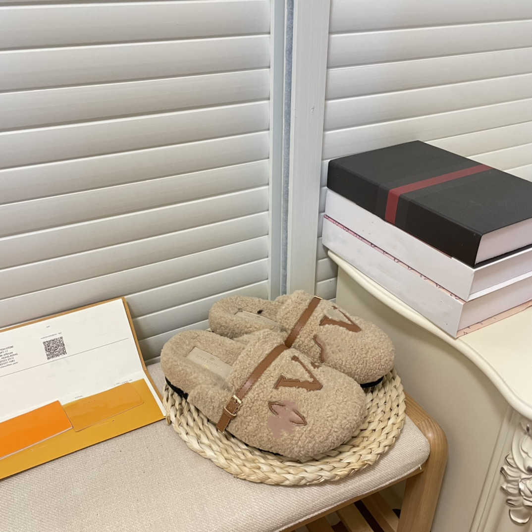 

New sheep wool Platform Half Slippers Women winter break scuffs Slides Thick Sole Flats Fur plush fuzzy Shoes Woman 2022 designer comfort brown Flat Slippers loafers, Xxlv01