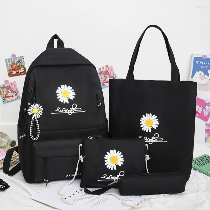 

School Bags 4pcs/Set Preppy Style Daisy Print Backpacks Canvas Rucksack Teenager Girls Travel Mochila Shoulder Students Clutches, Pink