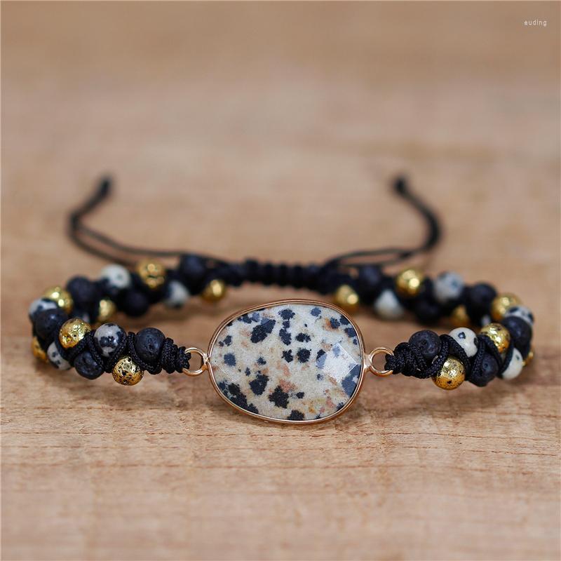 

Charm Bracelets Natural Stone Dalmation Jaspers Lava Beads Braided Bracelet Yoga Macrame Women Wrap Couples Gift Jewelry Dropship