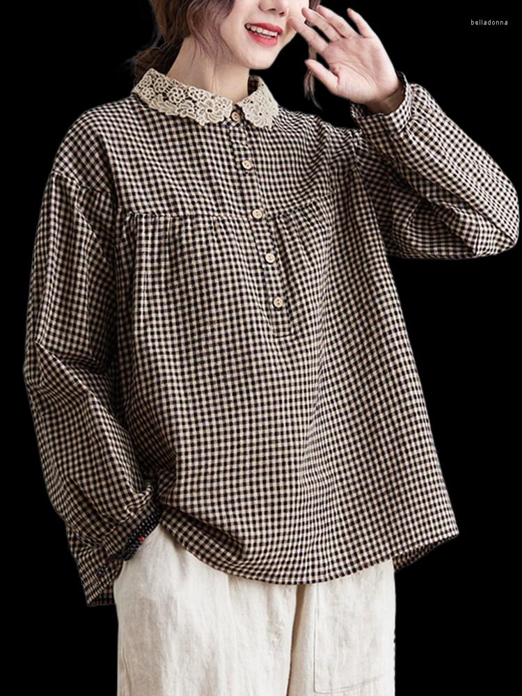 

Women's Blouses Japan Style Sweet Women's Long Sleeved Casual Shirts 2022 Spring Lace Collar Retro Plaid Blouse Loose Female Cotton Tops, Black