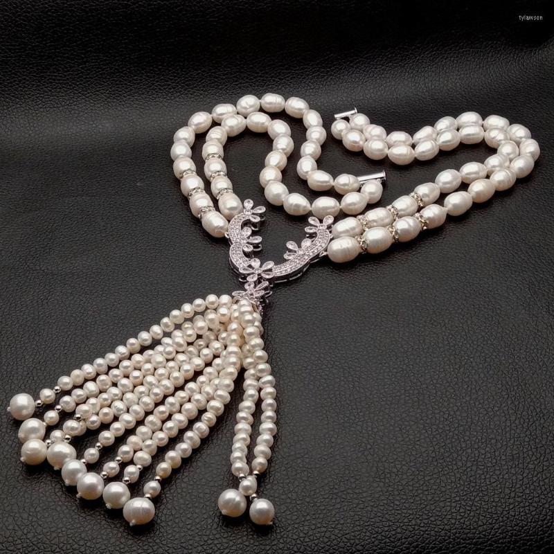 

Pendant Necklaces 19" 2 Strands Cultured White Rice Pearl Freshwater Necklace Silver Color Plated CZ Pave Connector Tassel Wedding
