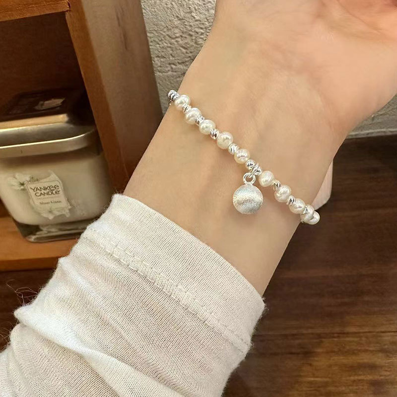 

100% 925 Sterling Silver Frosted Round Ball Charm Bracelets Female Simple Style Natural Freshwater Pearl Bracelet