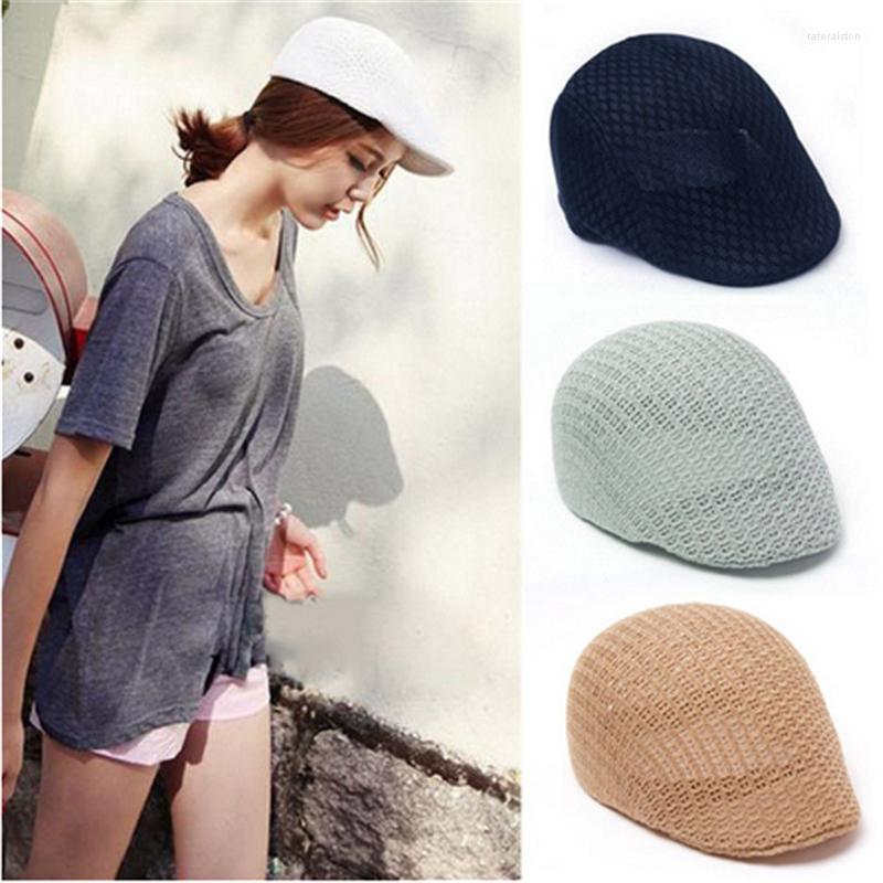 

Berets Summer Men Women Sun Mesh Beret Cap Unisex Sboy Golf Cabbie Flat Peaked Hat Casquette Breathable, Beige