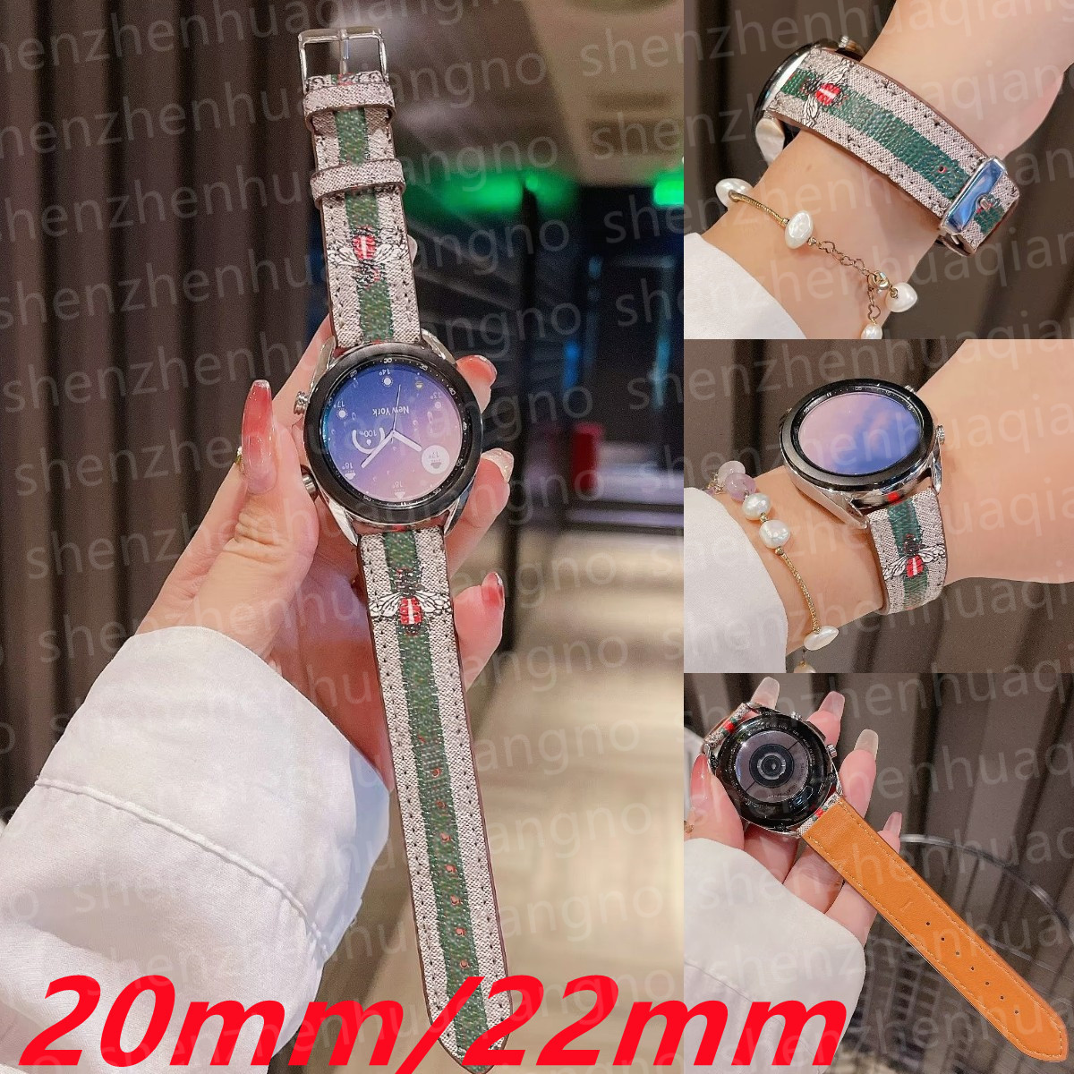 

20mm 22mm Smart Strap for Samsung Galaxy Watch 4/46mm/42mm/Active 2/correa Gear S3 Bracelet G Luxury Designer Leather Colorful Flower Bee Snake Print Watchbands