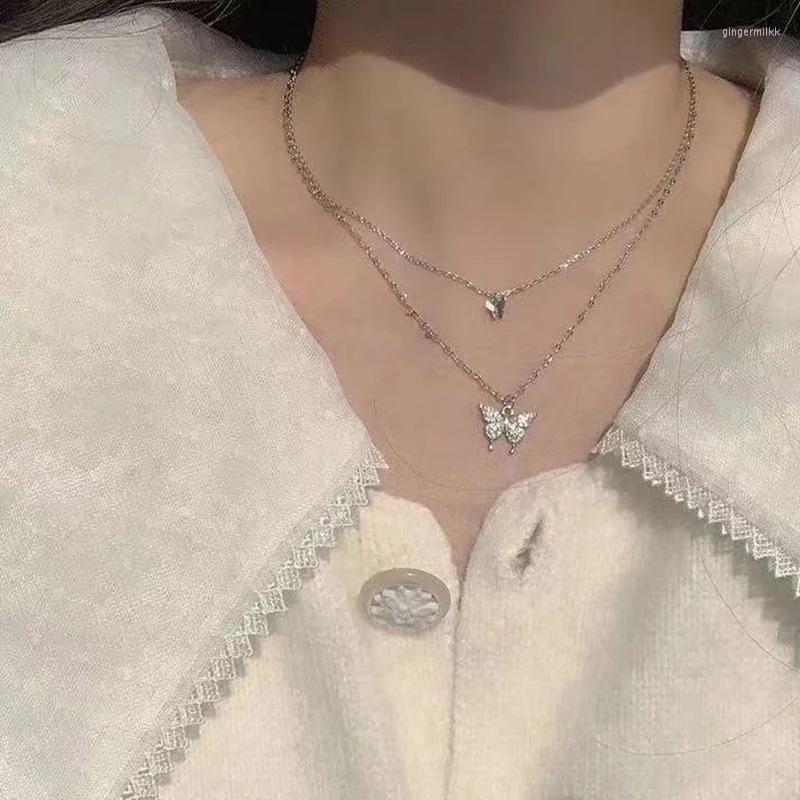 

Choker High Quality Fashion Double Layer Butterfly Pendant Necklace Diamond Unisex Clavicle Chain