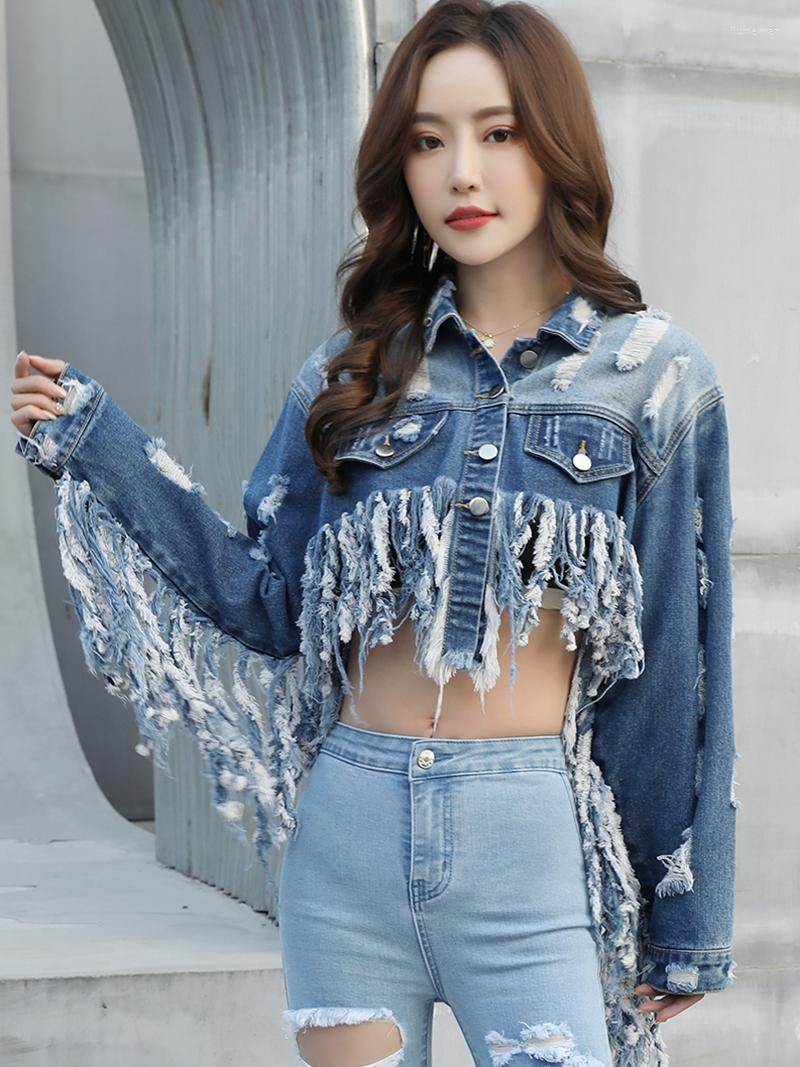

Women' Jackets 2022 Spring Denim Jacket Autumn Women Personality Street Style Short Tassel Holes Outerwear Top, Blue