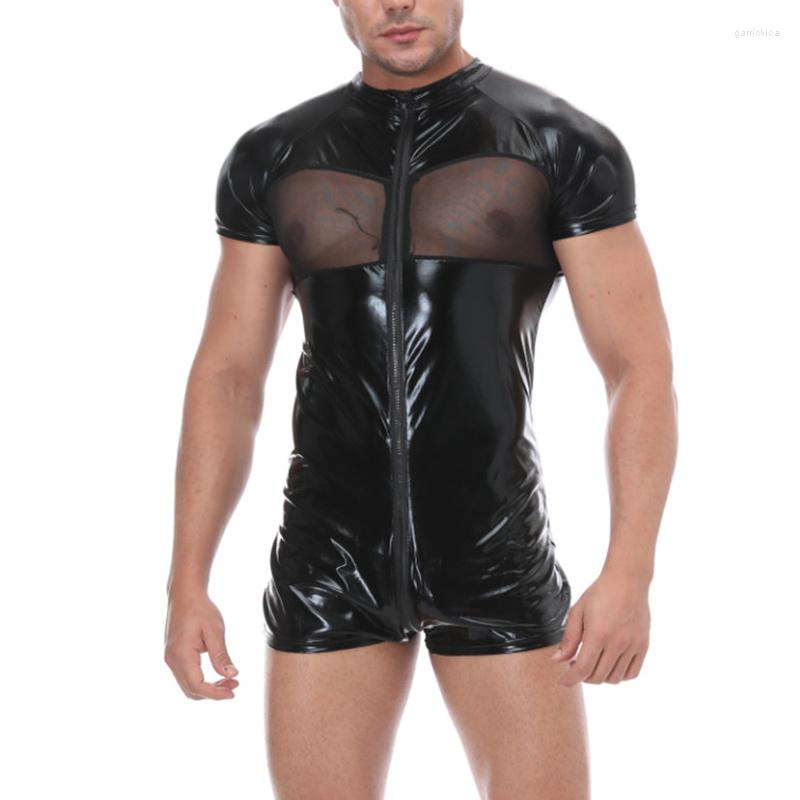 

Undershirts Sexy Men Wetlook Latex Catsuit Leather Jumpsuits PVC Mesh Bodysuit Wrestling Singlet Clubwear Open Crotch Zipper, Black