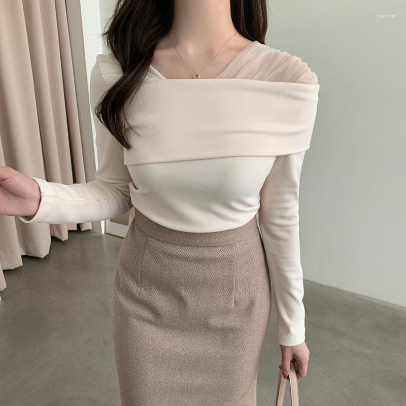 

Women's Sweaters Neploe Irregular Off Shoulder Patchwork Mesh Clothing Femme Sexy Slim Fit Pullovers 2022 Autumn Solid Color V-Neck Knit, Black