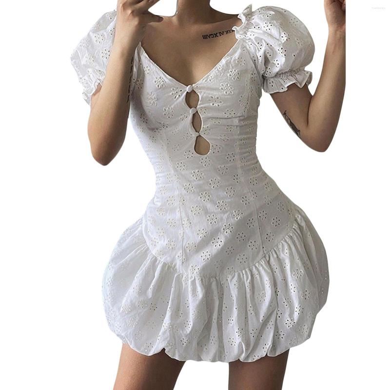 

Casual Dresses Women Summer Mini Dress Hollow-Out Lace V-Neck Puff Short Sleeve Fashion Elegant Buttons, White