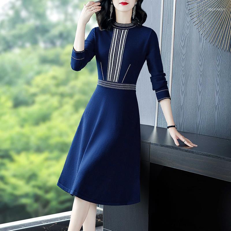 

Casual Dresses Printed Knitted Waist Autumn And Winter 2022 Round Neck Pullover Slim Fit Blue Elegant A-line Sweater Dress Vestidos