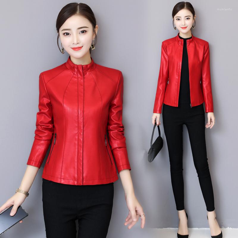 

Women's Leather Spring Jacket Women Short Motorcycle Clothing Outerwear Stand Collar Zipper Autumn Coats, Purple