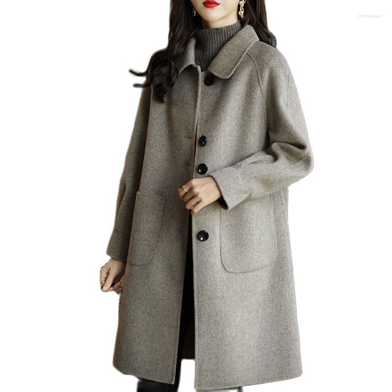 

Women's Wool Women Casual Loose Woolen Coat 2022Autumn Winter Female Little Guy Thick Korean Slim Temperament Mid-length A983, Coffee color