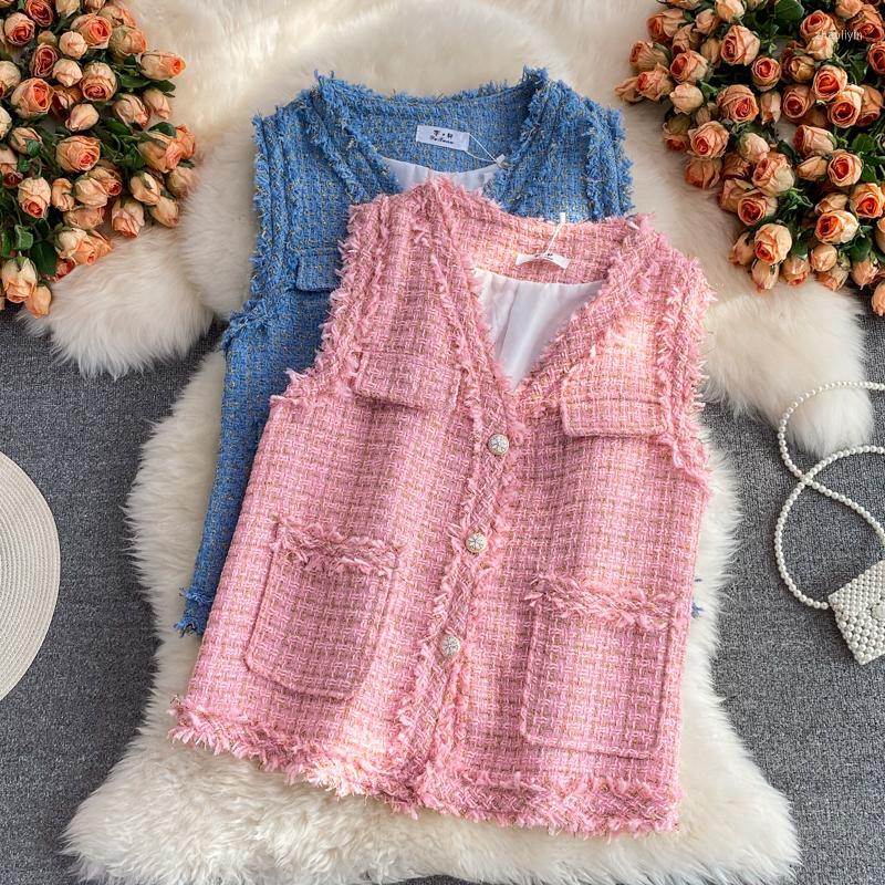 

Women's Vests 2022 Spring Autumn Slim Solid Color Vest Tweed Waistcoat Jacket Women's V Neck Cardigan Outerwear Female, Blue