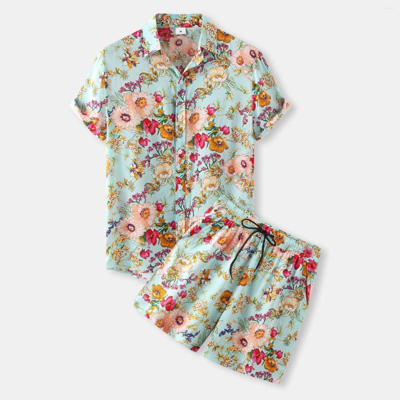 

Men's Tracksuits Male Summer Hawaii Print Suit Two Piece Short Sleeve Turn Down Collar Shirt Pocket Shorts Suits Men Slim Fit, Blue