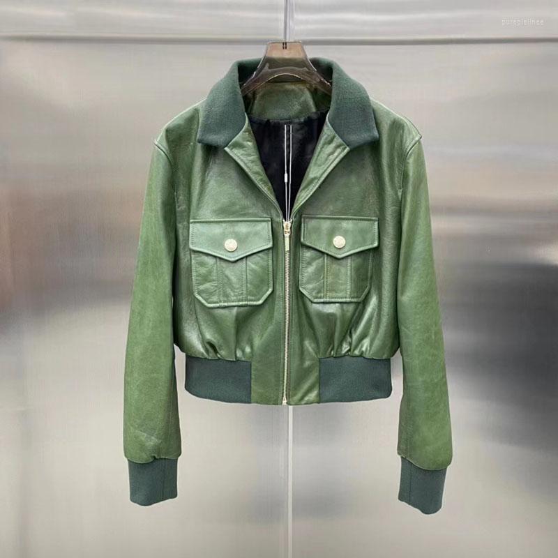 

Women' Leather Import Cow Coat Spring Autumn Fashion Short Length Big Pockets Retro Style Clothes Splicing Textile Fabrics