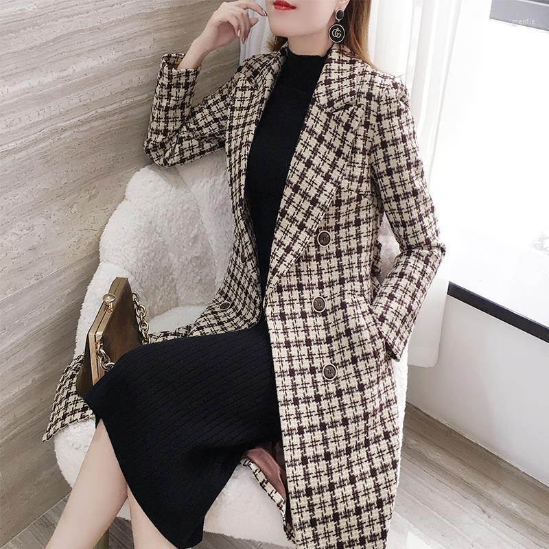 

Women's Wool 2022 Fashion Spring Plaid Woolen Jacket Ladies Clothing Elegant Slim Temperament Long Outwear Windproof Women Windbreaker Coats, Lattice winter