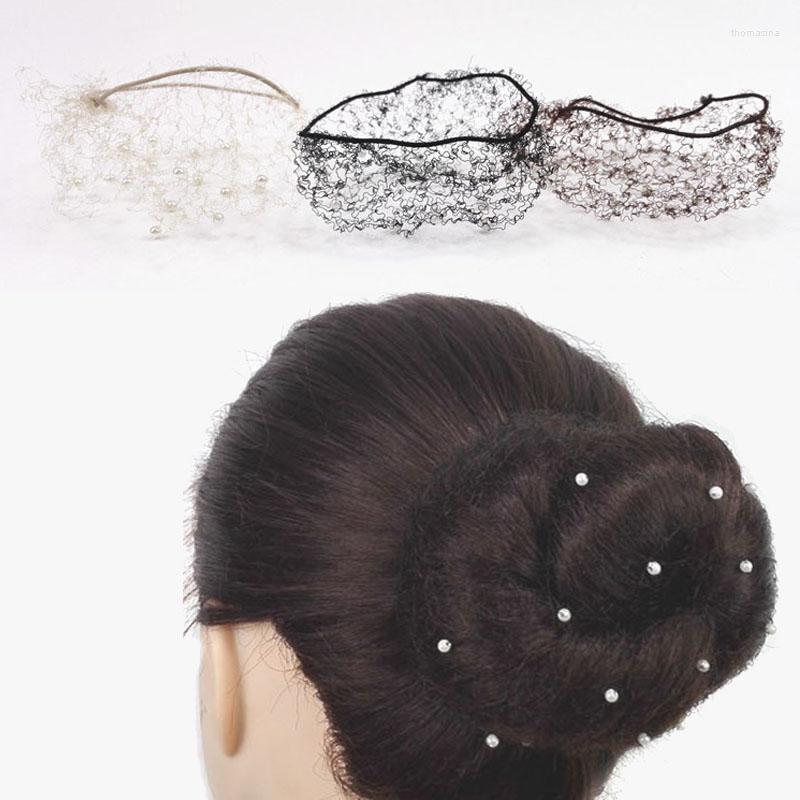 

Stage Wear Women Invisible Ballet Bun Cap With Pearl Black Brown Blond Hair Cover Dance Skating Hairnet Accessories, Blond color