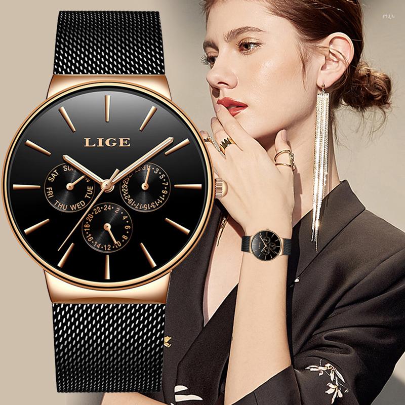 

Wristwatches 2022LIGE Watches Women Quartz Watch Ultra Thin Steel Top Casual Ladies Clock WristWatch Waterproof Relogio, Rose gold green