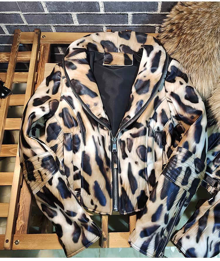 

Women' Leather Jacket Winter Women Raccoon Fur Collar Real Sheepskin Coat Female Streetwear Leopard Bomber Jackets MY