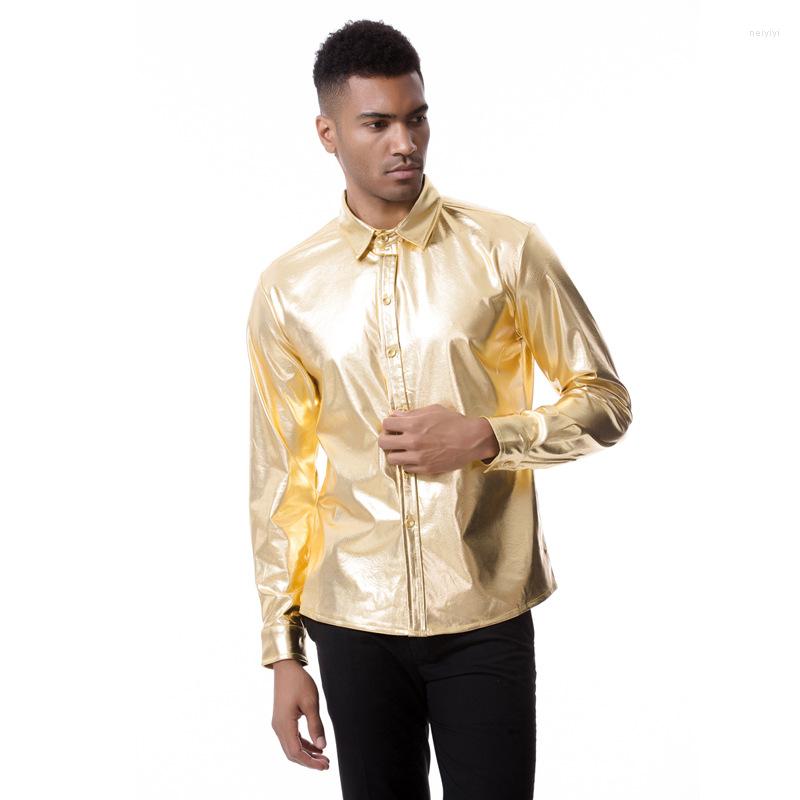 

Men's Dress Shirts Mattswag Shiny Metallic Long Sleeve High Quality Social Nightclub Men's Clothing Fashion Party Prom Chemise Homme, Black