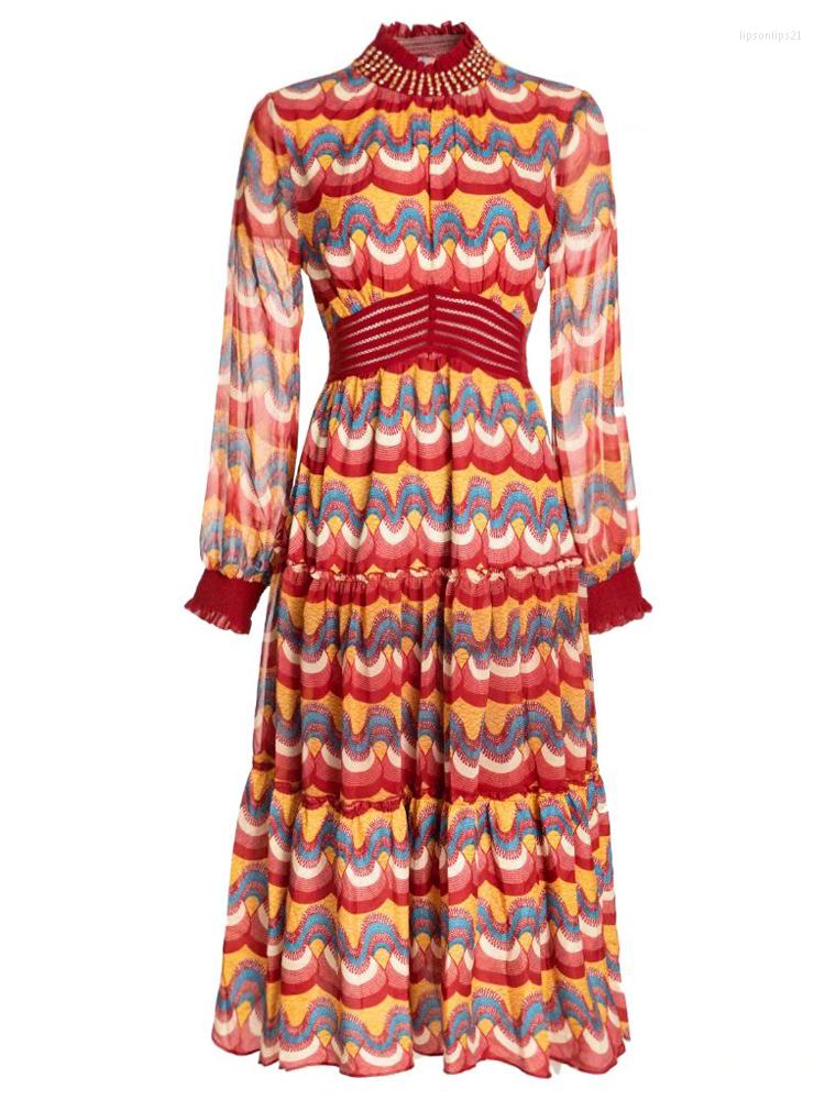 

Casual Dresses Runway High Quality Spring Summer Women' Waist Print Fashion Celebrity Party Vintage Elegant Designer Midi Dress, Multi