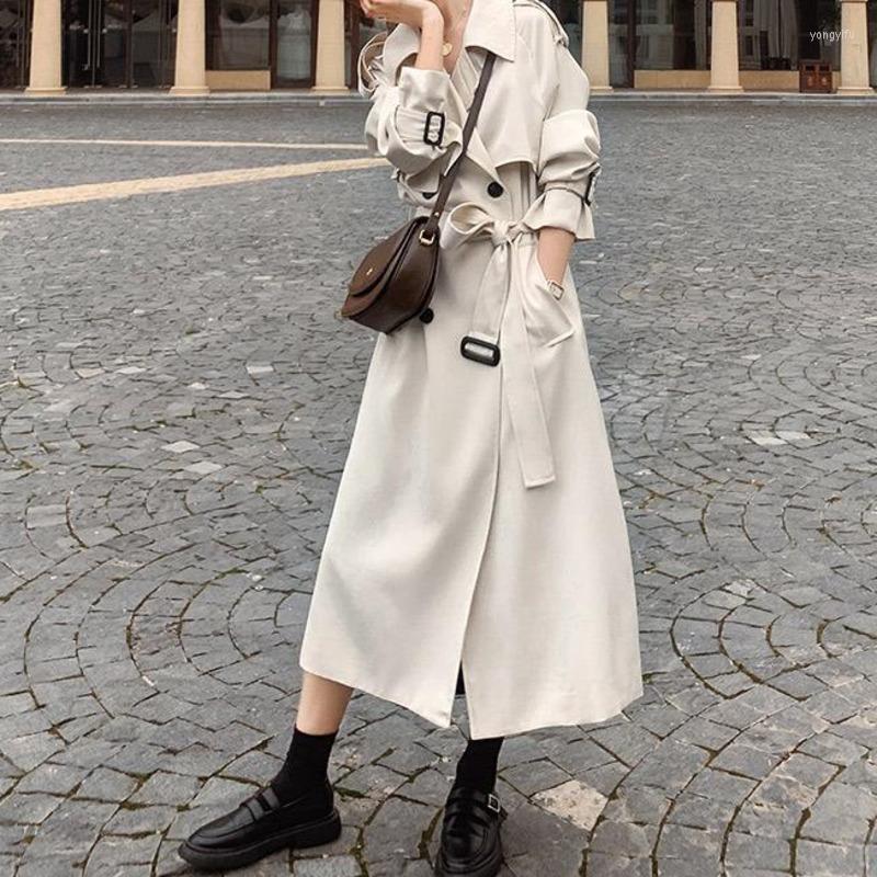 

Women's Trench Coats Autumn Women Coat Windbreaker British Style Belt Over Knee Slim Casual Solid Long Jacket Fashion Loose Overcoat Female, White with lining