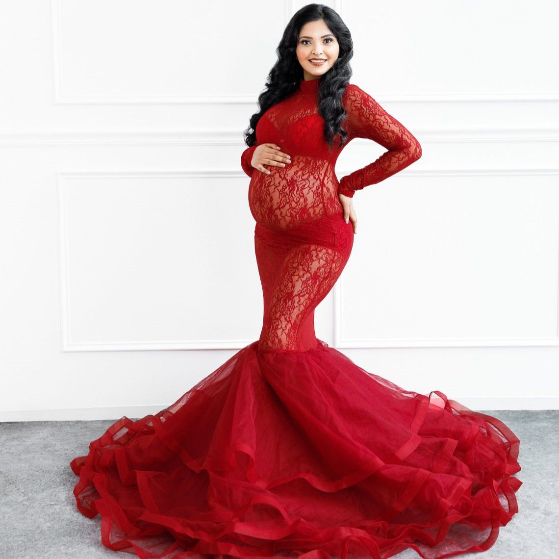 

Red Lace Maternity Dress for Photoshoot Long Sleeve Prom Dresses Mermaid Style Baby Shower Gowns Sheer Illusion Robes, Light yellow