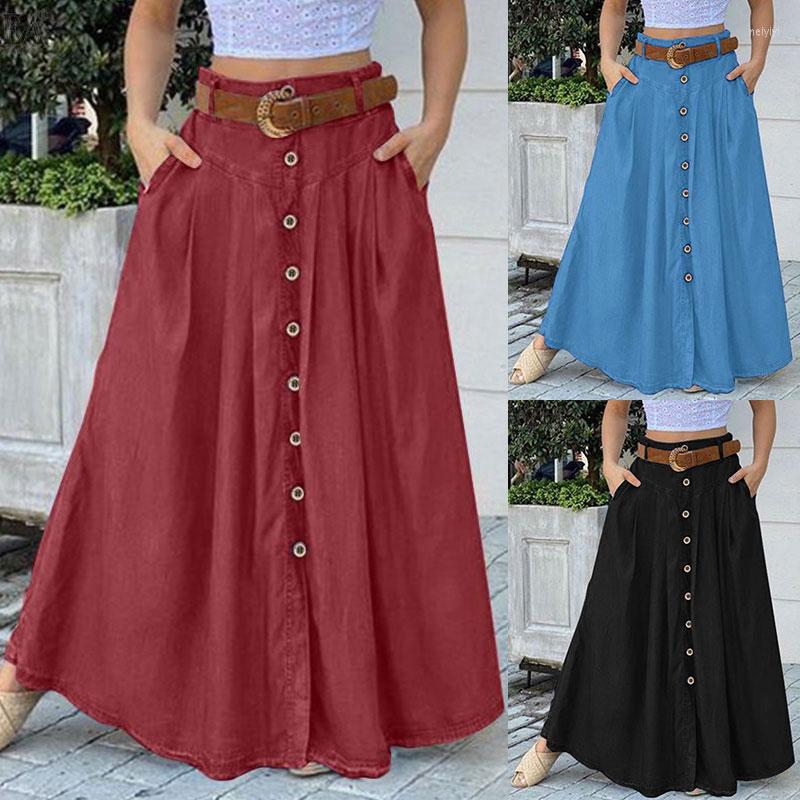 

Skirts High Waist Pleated Long Women' Button Sundress Casual Vintage Flared Full Skirt Summer A-line Beach Office Lady Bottoms, 01