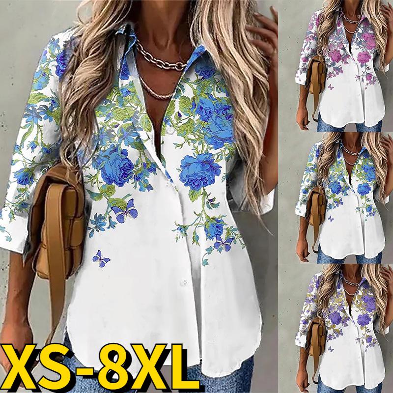 

Women's Blouses 2022 V-neck Floral Print Clothes Simple Style Button Tops Women's Fashion Long Sleeve Sexy Blouse Autumn Winter Loose, Blue