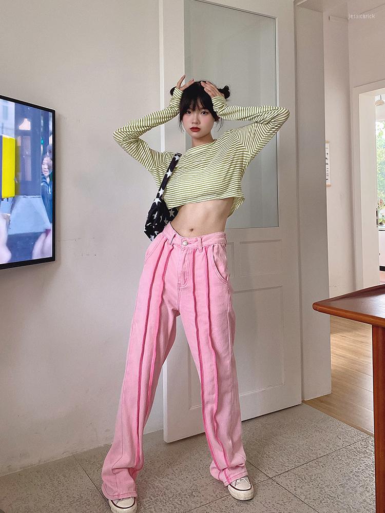 

Women' Jeans Bright Line ' Summer Loose High Waist Wide-Leg Jean Female Casual Straight Pants Washed Denim Trousers, Pink