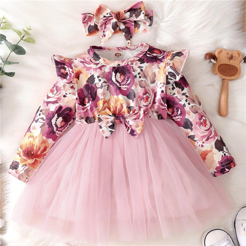 

Girl Dresses Little Girls A-line Dress Toddlers Floral Printing Lace Mesh Splicing Round Collar Long Sleeve Bow Princess Headwear, Pink
