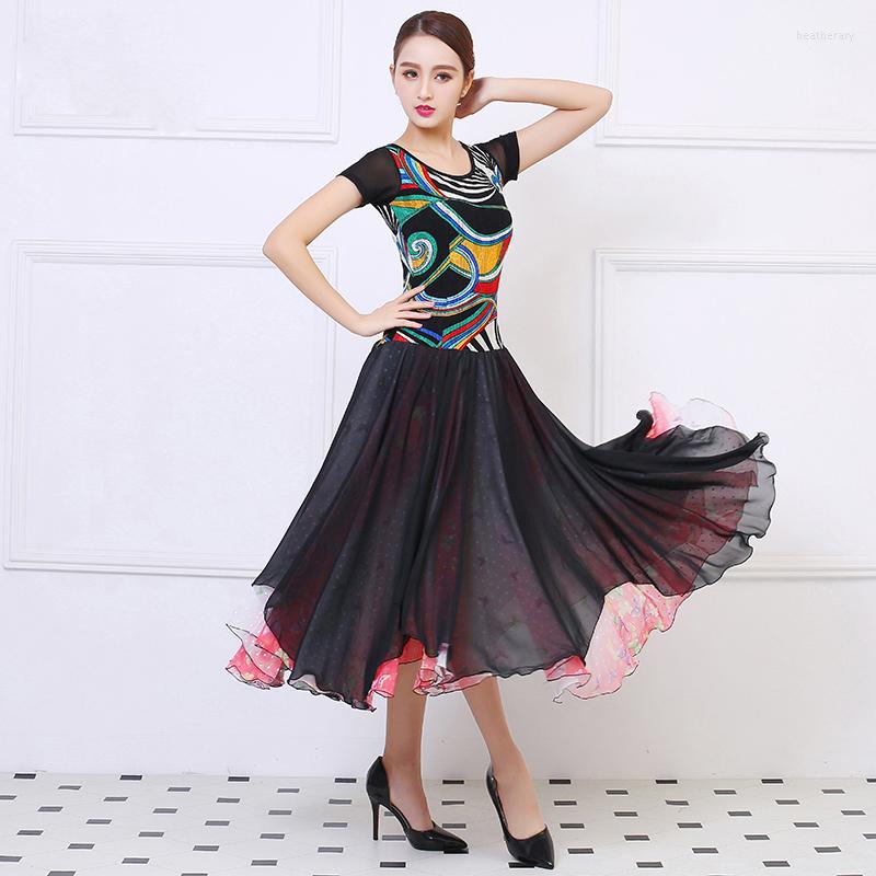 

Stage Wear High Quality Women Competition Training Modern Dance Costumes Waltz Dancing Skirt Short Sleeve Ballroom Dress, Blue