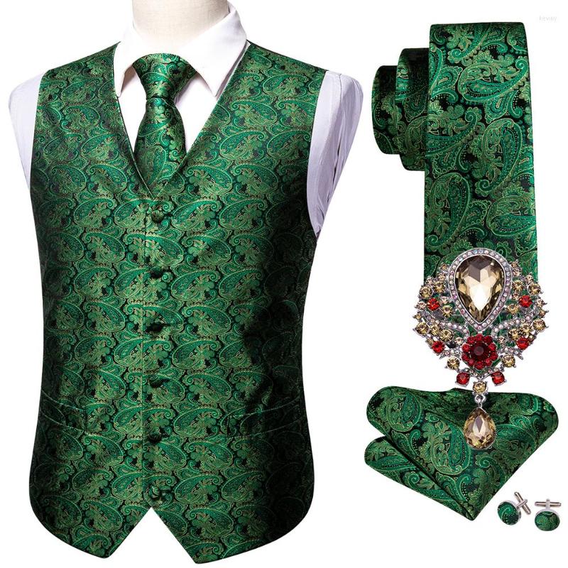 

Men' Vests 5PCS Gold Designer Mens Wedding Suit Vest Green Paisley Jacquard Folral Silk Waistcoat Tie Brooches Set Barry.Wang Groom, M-2523-brooches