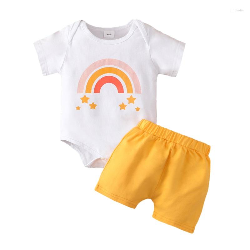 

Clothing Sets Infant Baby Girls 2 Pieces Outfit Rainbow Stars Print Round Neck Short Sleeve Romper Solid Color Shorts Set, Picture shown