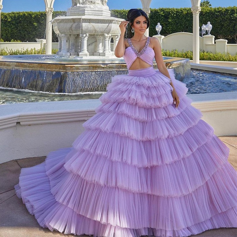 

Luxuriant Prom Dresses A-line V-Neck Sleeveless Backless Cake skirt Multi-Layer Tulle Draped Chapel Gown Custom Made Plus Size Princess Robes, Gold